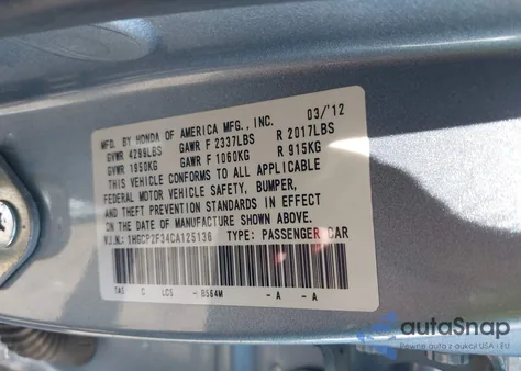 2012 Honda Accord 2.4 Lx z USA, uszkodzony, nr VIN 1HGCP2F34CA125136